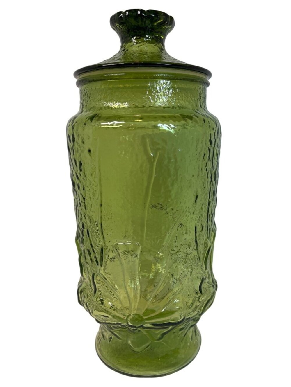 Vintage Green Glass Canister with Lid Embossed Textured Floral Design 12" Tall